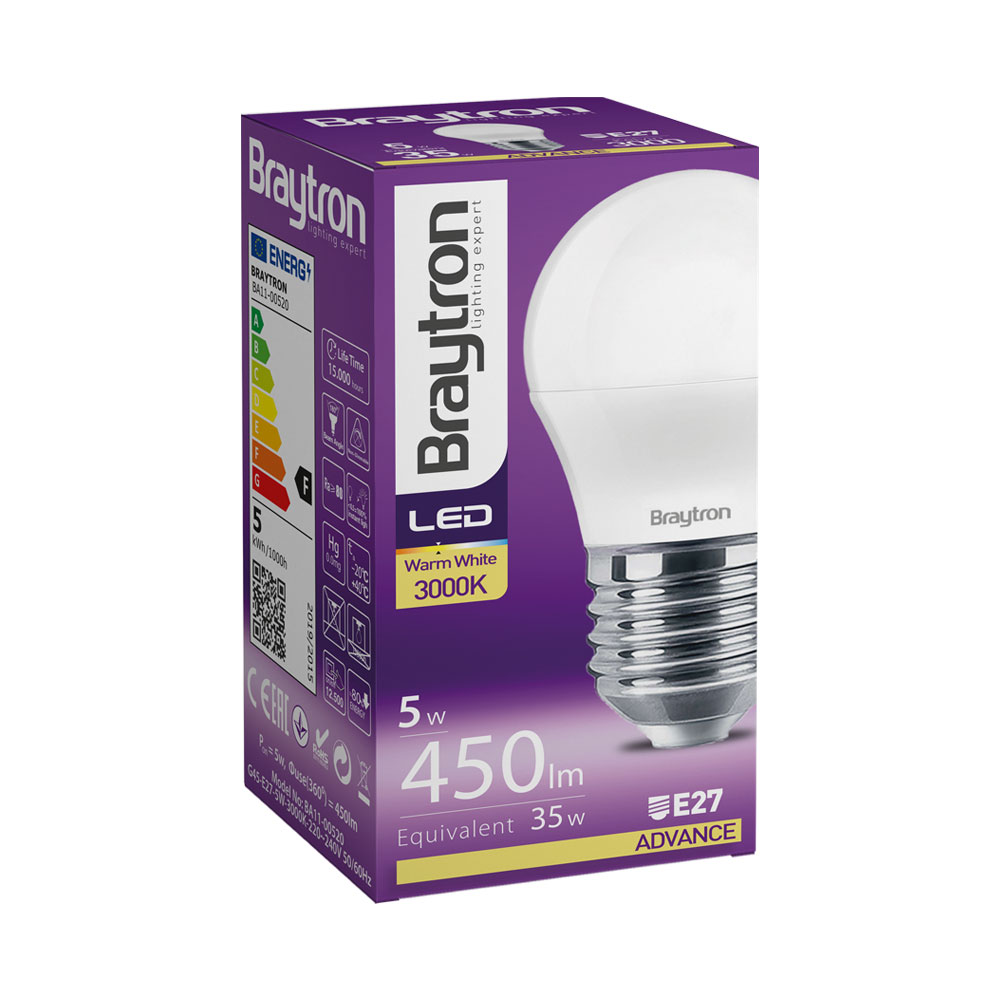 Braytron LED E27 5W Leuchtmittel Warmweiß 3000K, 470 Lumen, ersetzt 40 w, energiesparend, langlebig, 230V – Ansicht 3