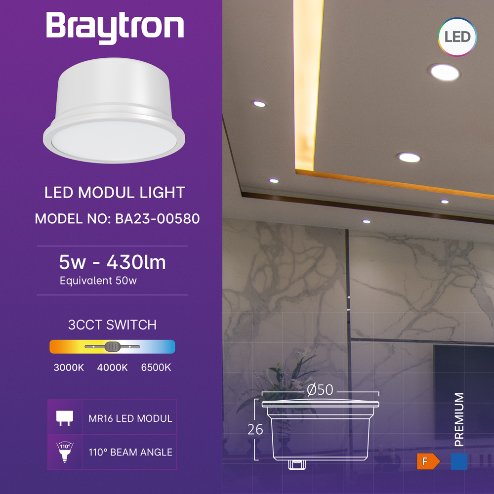 Braytron LED Modul 5W 230V MR16 – Flacher, integrierter Spot Strahler Ø50mm, CCT 3000-6500K, Abstrahlwinkel 110°, energieeffizient, für moderne Beleuchtungslösungen in Wohn- und Geschäftsräumen. – Ansicht 2