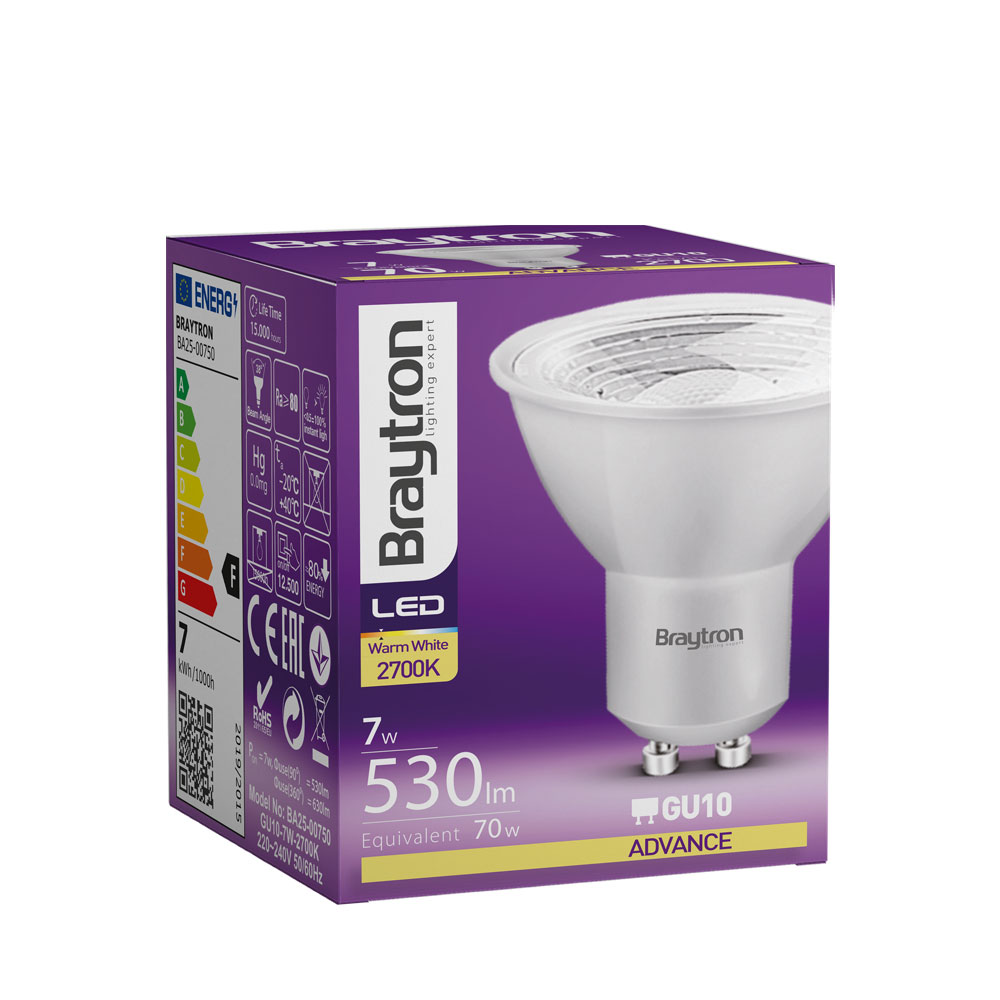 Spot LED GU10 7W – Blanc chaud 3000K – 580 lm – Angle 110° – BA24-00750