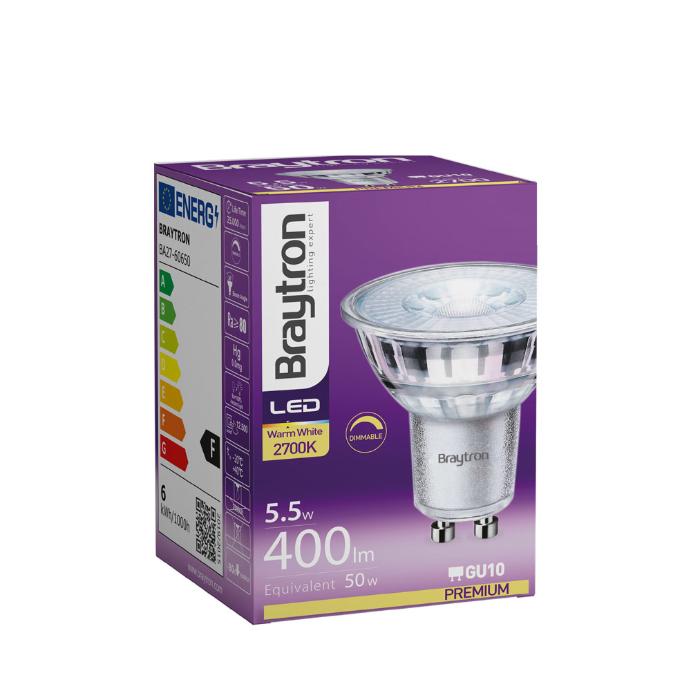 Spot LED GU10 5.5W Premium Dimmable Faisceau 38° – Blanc chaud 3000K – 470 lm – BA27-60650