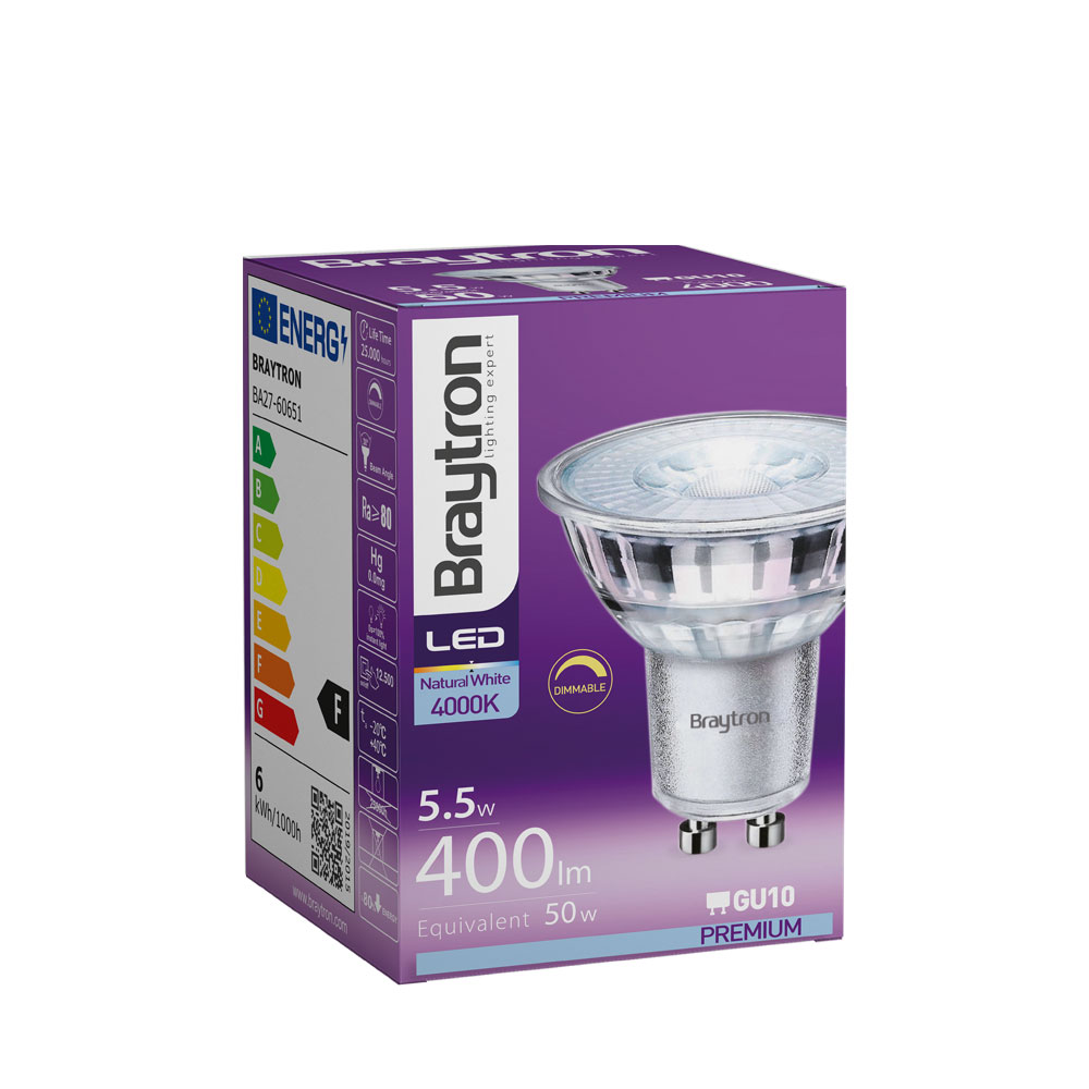 Spot LED GU10 5.5W Premium Dimmable Faisceau 38° – Blanc neutre 4000K – 470 lm – BA27-60651