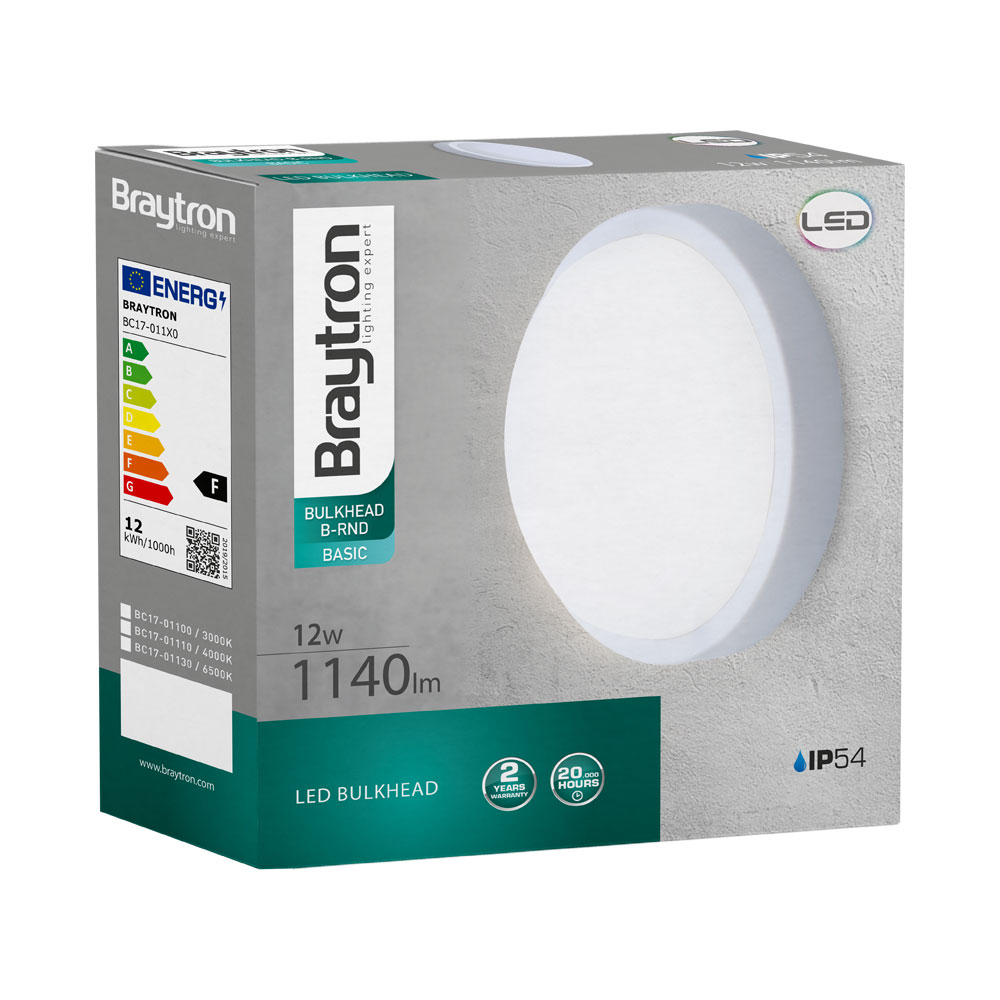 Braytron LED Feuchtraumleuchte 12 W, 1140 lm, IP54 Rund Wand- und Deckenleuchte, Weiß – Kellerlampe, Außenbeleuchtung, LED Lampe für Flur, Treppe, Garage, WC und Garten (Weiß, Rund, 3000 K) – Ansicht 6