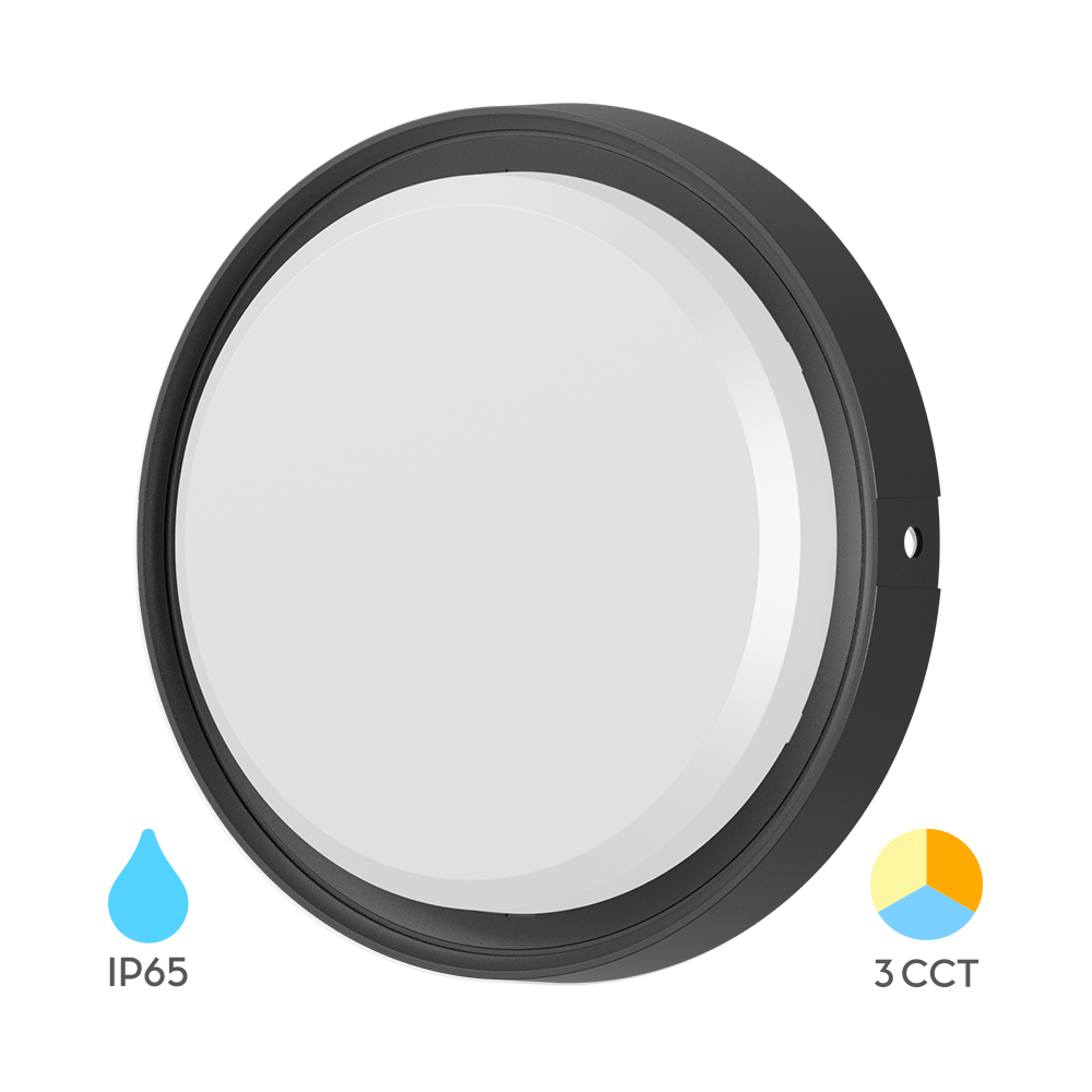 Braytron LED Wandleuchte Außen 12W IP65 Bulkhead Schwarz mit 3 Lichtfarben 3000/4000/6500K, 1320 Lumen, runde Deckenleuchte für Bad, Keller, Garage und Außenbereich – Ansicht 3