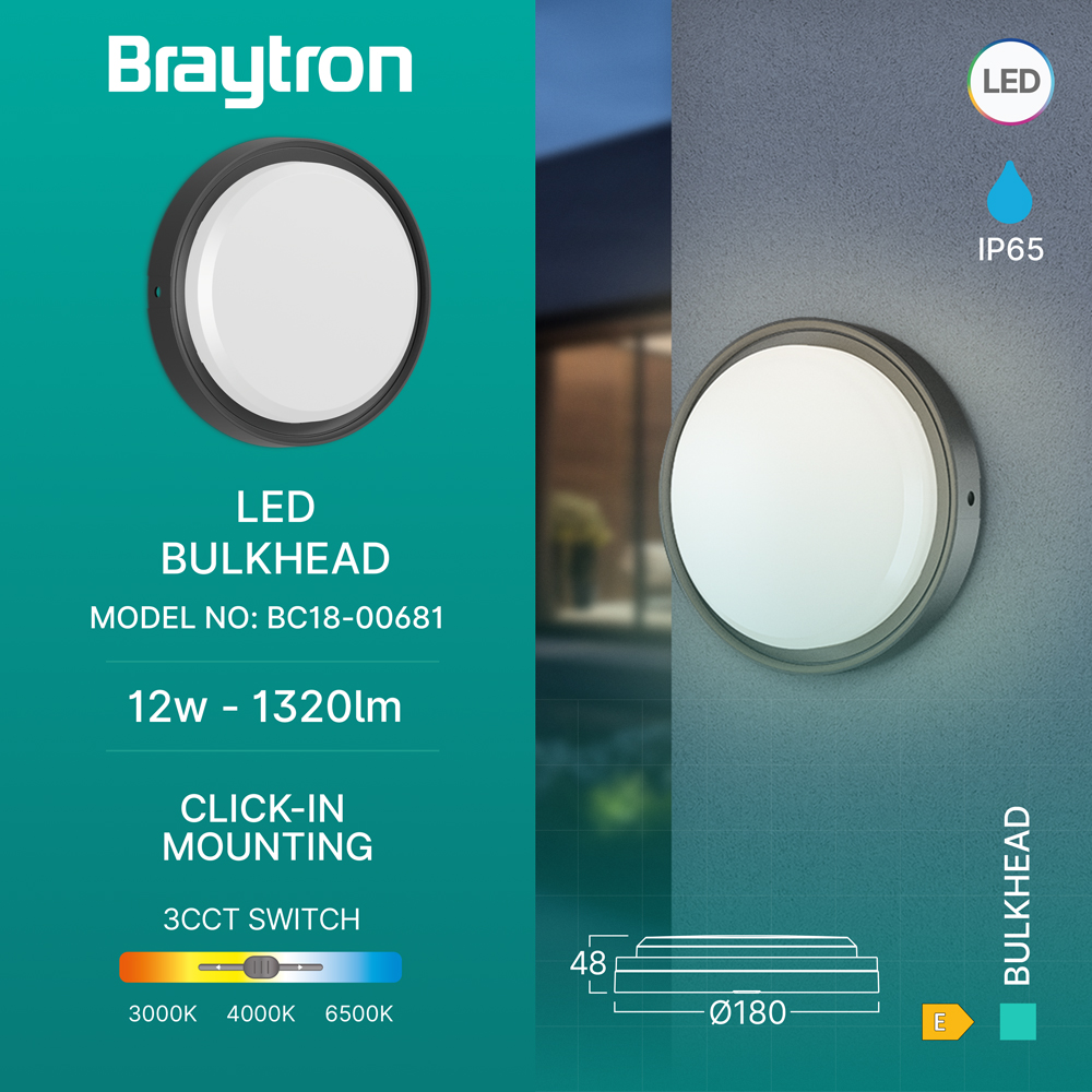 Braytron LED Wandleuchte Außen 12W IP65 Bulkhead Schwarz mit 3 Lichtfarben 3000/4000/6500K, 1320 Lumen, runde Deckenleuchte für Bad, Keller, Garage und Außenbereich – Ansicht 2