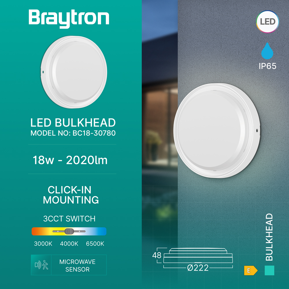 Braytron LED Wandleuchte Deckenleuchte mit Bewegungsmelder – 18W, IP65 – 3in1 Lichtfarbe (3000K/4000K/6500K) – Mikrowellen-Sensor – Außen- & Innenleuchte für Wand & Decke – rund, Ø 22 cm – Weiß – Ansicht 2