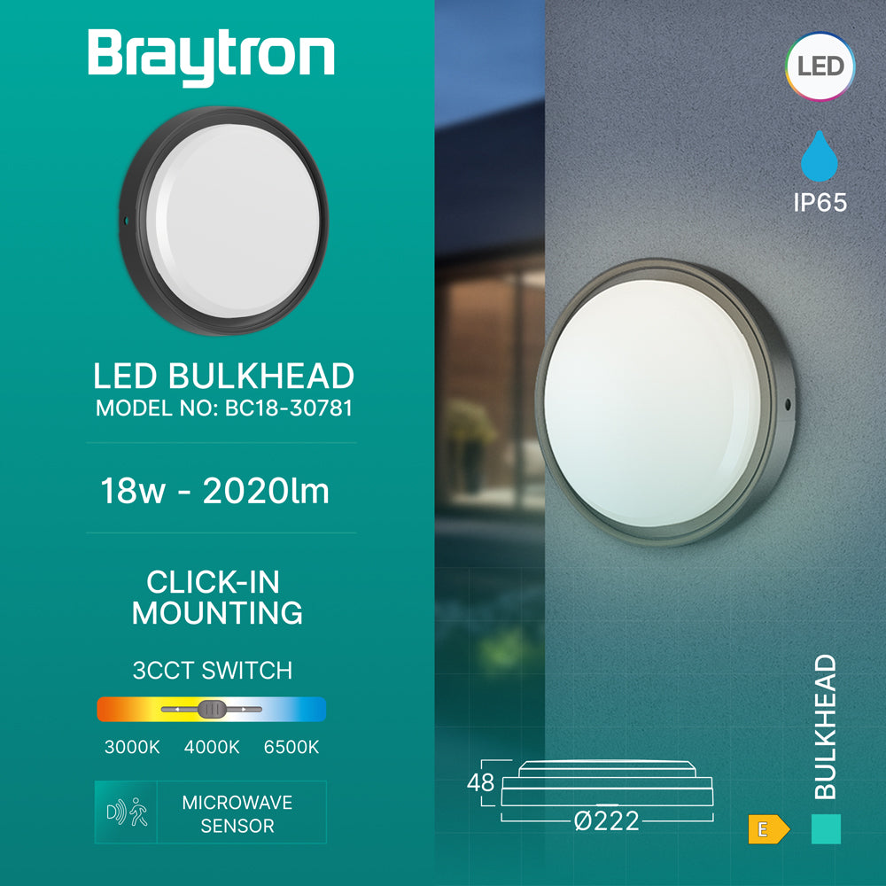 Braytron LED Strahler Außen 18W, 2020 Lumen, Warmweiß, Neutralweiß, Kaltweiß 3IN1, IP65 wasserdicht, mit Bewegungsmelder, Fluter Flutlicht Außenstrahler (Schwarz) – Ansicht 3