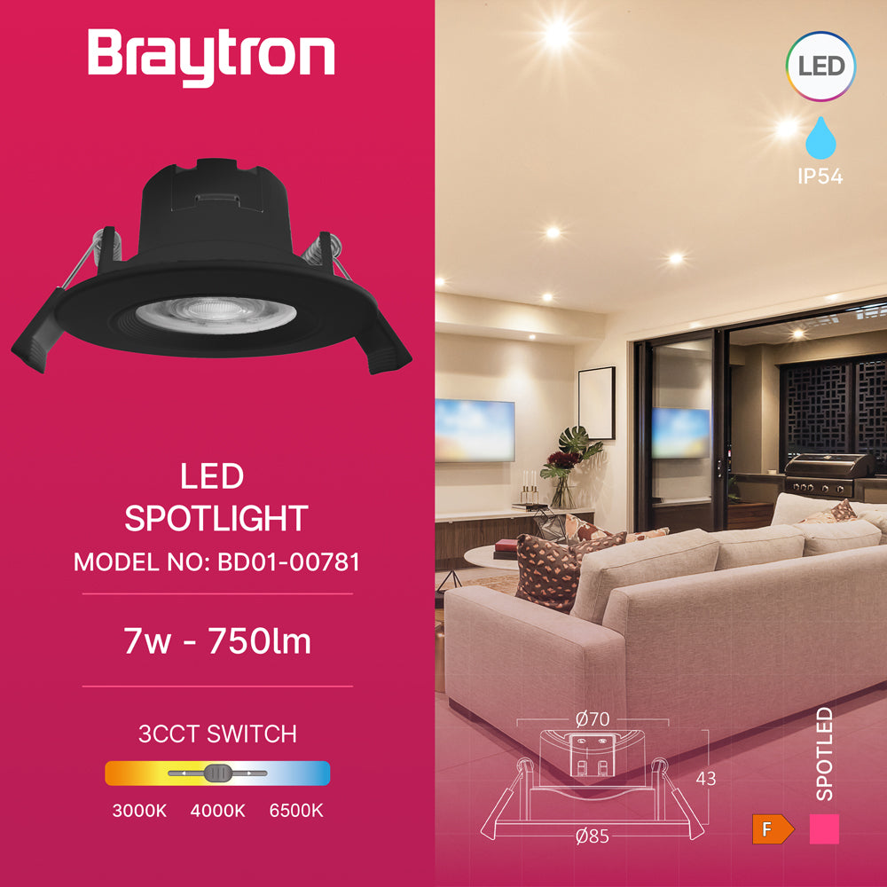 Braytron LED Einbaustrahler 68mm 7W IP54 630lm 3in1 CCT 3000K 4000K 6500K Feuchtraum geeignet Bad Dusche Küche Flur Decke Einbau LED Spot Einbaulampe Rund 38° Abstrahlwinkel 230V Schwarz – Ansicht 2