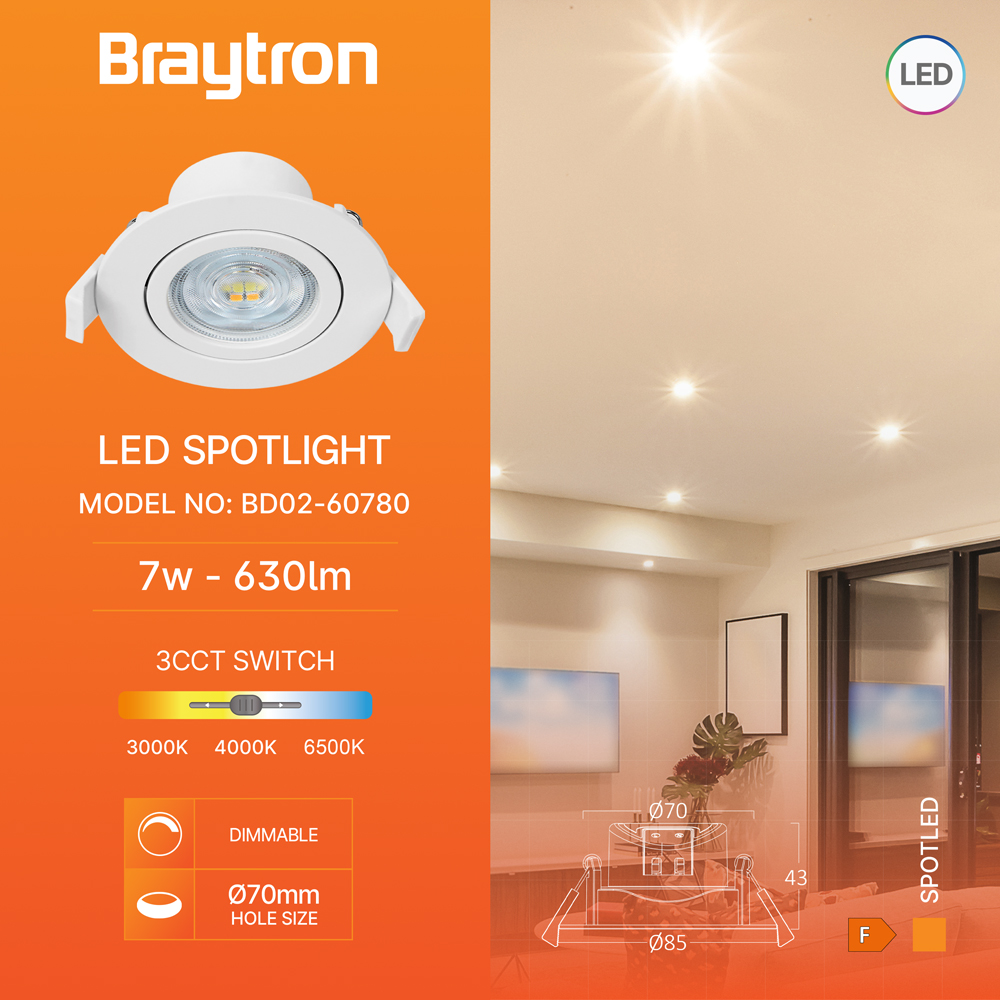 Braytron Stufenlos Dimmbar LED Einbaustrahler Deckenspot Einbauspot 7W schwenkbar Rund Spot 3IN1 Farbtemperatur 3000K/4000K/6500K 630lm Flur, Küche 230V 68mm Deckenausschnitt – Ansicht 2