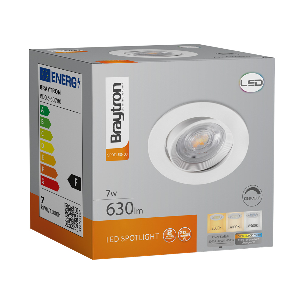 Braytron Stufenlos Dimmbar LED Einbaustrahler Deckenspot Einbauspot 7W schwenkbar Rund Spot 3IN1 Farbtemperatur 3000K/4000K/6500K 630lm Flur, Küche 230V 68mm Deckenausschnitt – Ansicht 7