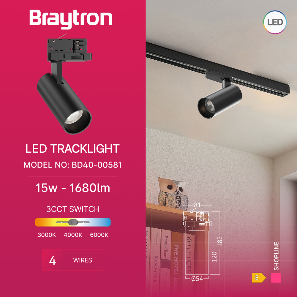 Braytron LED-Schienenstrahler 15 Watt 3-Phasen 4-Draht Tracklight, dreh- und schwenkbar 3CCT (3000 K / 4000 K / 6000 K) 1680 lm – Aluminium Deckenleuchte für Innenbeleuchtung Schienensystem Schwarz – Ansicht 2
