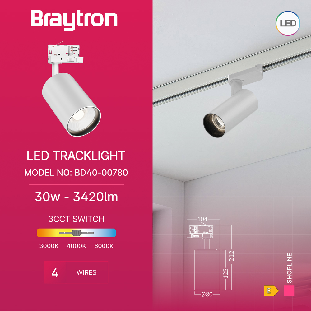Braytron LED-Schienenstrahler 30 Watt 3-Phasen 4-Draht Dreh- und schwenkbares Schienenlicht 3CCT Warmweiß -Kaltweiß 3420 lm Aluminium Deckenleuchte für Innenbeleuchtung Schienensystem in weiß – Ansicht 2
