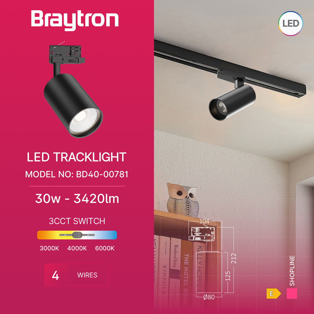 Braytron LED-Schienenstrahler 30 Watt 3-Phasen 4-Draht Dreh- und schwenkbares Schienenlicht 3CCT Warmweiß -Kaltweiß 3420 lm Aluminium Deckenleuchte für Innenbeleuchtung Schienensystem in schwarz – Ansicht 2