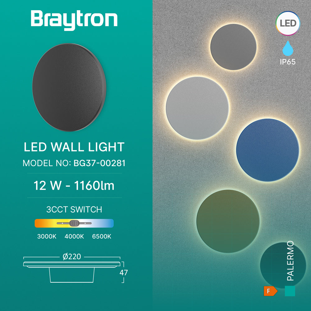 Braytron LED Wandleuchte Schwarz Rund Ø220 mm – 12W 1160lm IP65 Außenwandleuchte mit 3CCT (3000K/4000K/6000K), indirekte Designer Wandlampe für Balkon, Terrasse, Flur & Bad – Ansicht 3