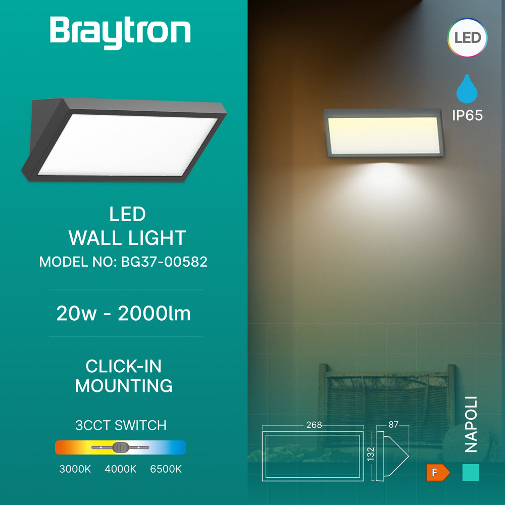 Braytron LED Außenwandlampe 20W IP65 – 3in1CCT Farbwahl (3000K/4000K/6500K), Moderne Wandleuchte für außen, wetterfest, 2000 Lumen, Fassade, Garten, Eingang, Grau, energieeffizient schwarz – Ansicht 2