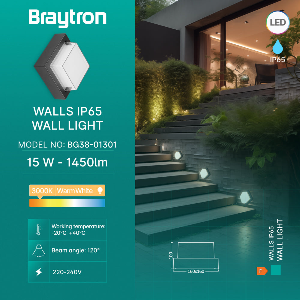 BRY-WALLS-G2-SQR-BLC-15W-3000K-IP65 LED Wandlamp – BG38-01301
