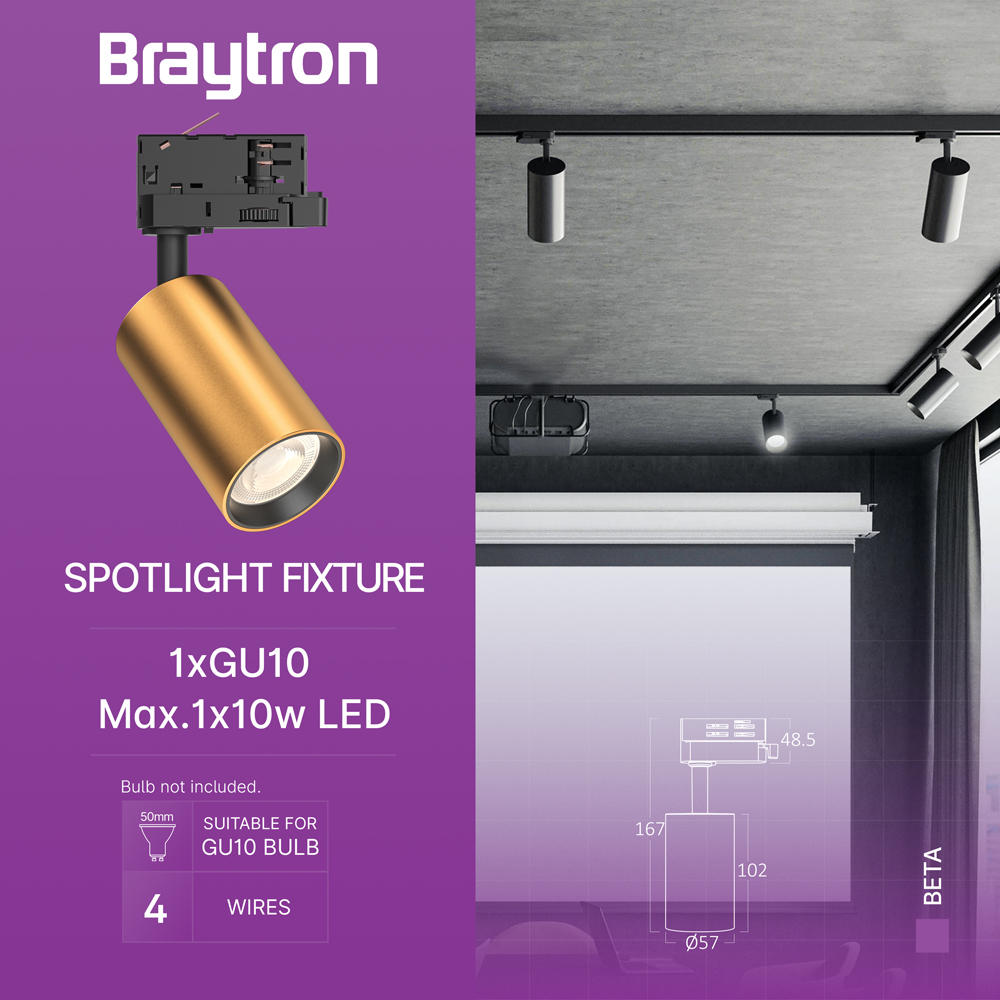 Braytron LED Schienenstrahler – 3-Phasen-Spot in goldfarbener Optik für Schienensystem – dreh- & schwenkbar – GU10 Fassung – LED Strahler für Shop, Galerie, Büro oder Wohnzimmer – Ansicht 3