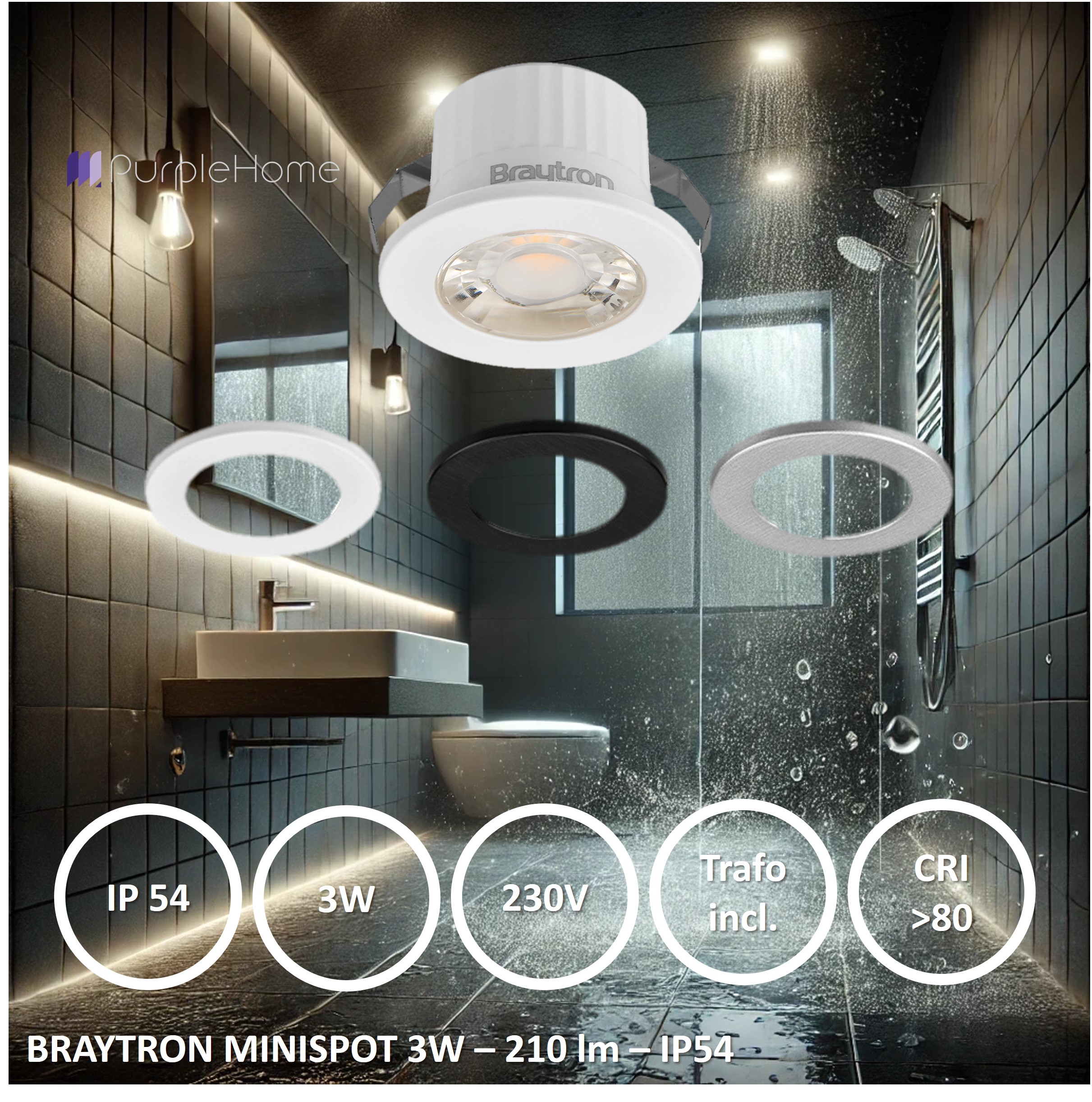 Braytron LED Minispot 3W Einbauspot Ø44 mm – 210 lm Neutralweiß 4000K, IP54 Mini Einbaustrahler 230V ohne Trafo inkl. Blenden Weiß/Schwarz/Silber für Bad, Küche & Möbel – Ansicht 2