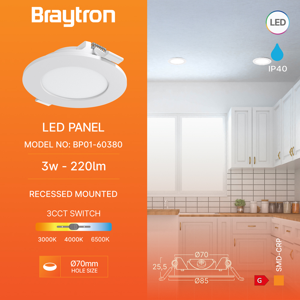 Braytron LED Deckenleuchte 3W 230V Anschluss Warmweiß, Neutralweiß, Kaltweiß 3IN1, 220 Lumen, IP40 Deckenlampe für Wohnzimmer, Küche, Flur (Weiß) – Ansicht 2