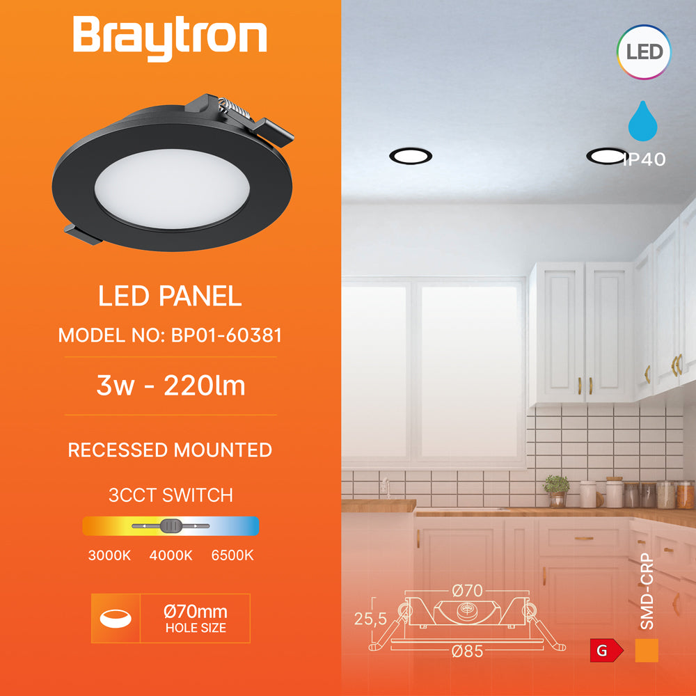 Braytron Ultraslim LED Einbaustrahler 3W Schwarz Ø85mm 3CCT 230V 220 Lumen IP20 Einbauspots 68mm Lochmaß 26mm Einbautiefe Warmweiß Neutralweiß Kaltweiß Nicht Dimmbar Deckenstrahler Flach Wohnraum Spot – Ansicht 2