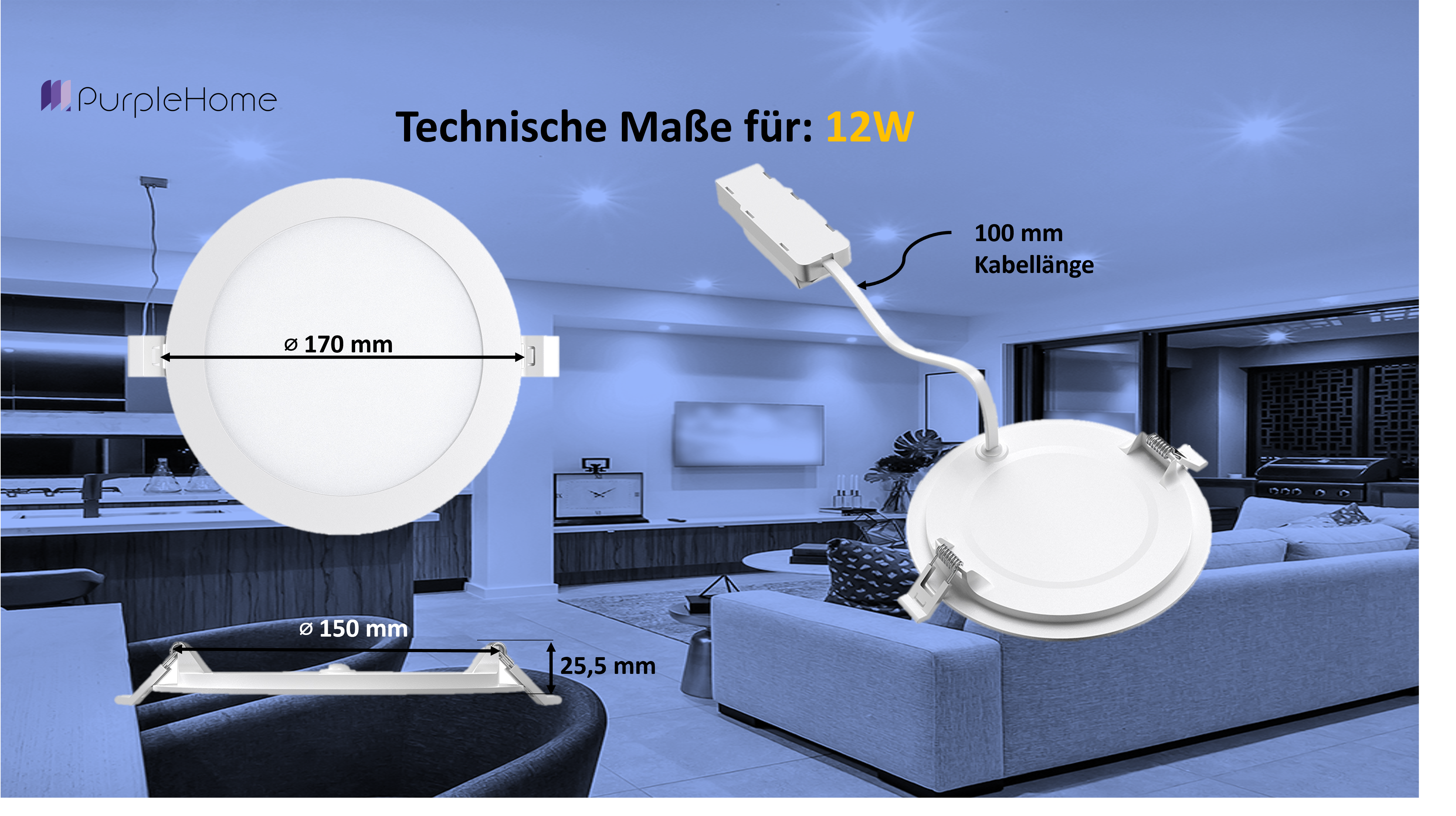Braytron LED Deckenleuchte 12W 230V Anschluss Kaltweiß 6500K, 1120 Lumen, IP40 Deckenlampe für Wohnzimmer, Küche, Flur (Weiß) – Ansicht 10
