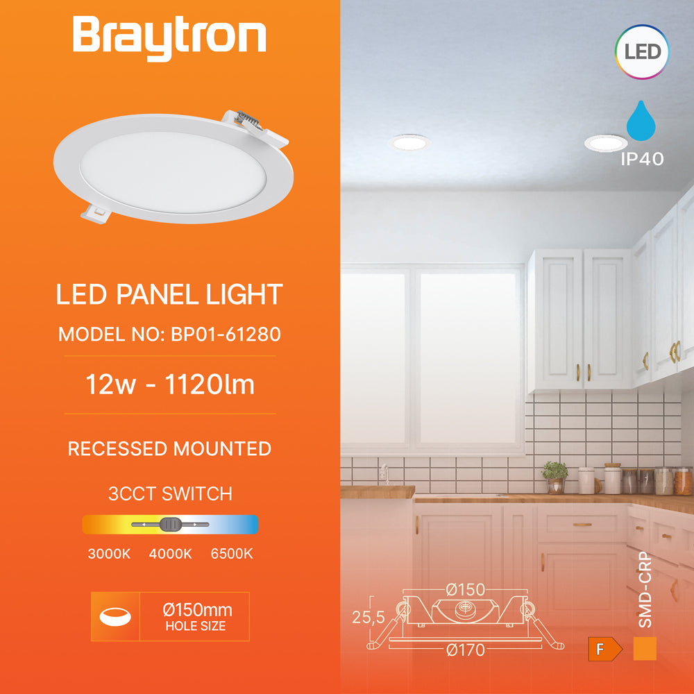 Braytron LED Deckenleuchte 12W 230V Anschluss Warmweiß, Neutralweiß, Kaltweiß 3IN1, 1120 Lumen, IP40 Deckenlampe für Wohnzimmer, Küche, Flur (Weiß) – Ansicht 2