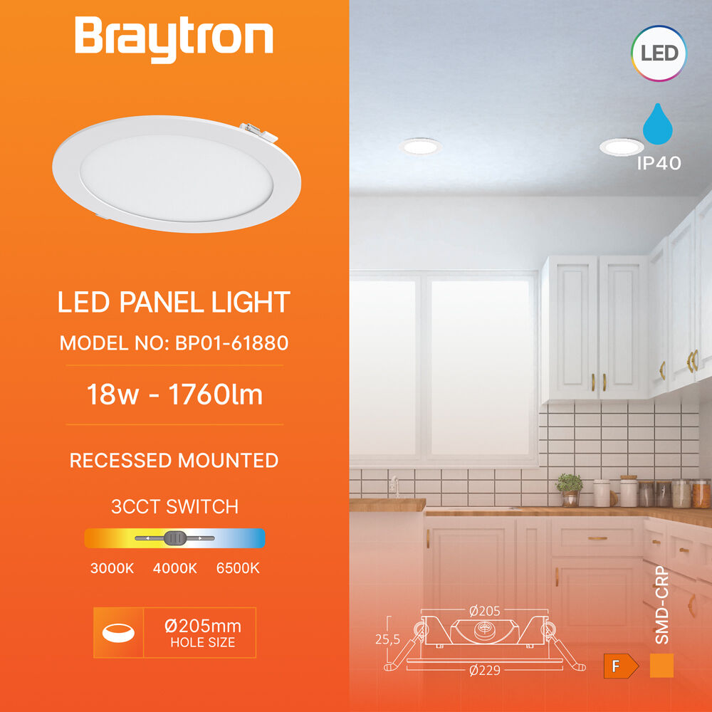 Braytron Ultraslim LED Einbaustrahler 18W Weiß Ø229mm 3CCT 230V 1760 Lumen IP40 Einbauspots 205mm Lochmaß 26mm Einbautiefe Warmweiß Neutralweiß Kaltweiß Nicht Dimmbar Deckenstrahler Flach Spot Panel – Ansicht 3