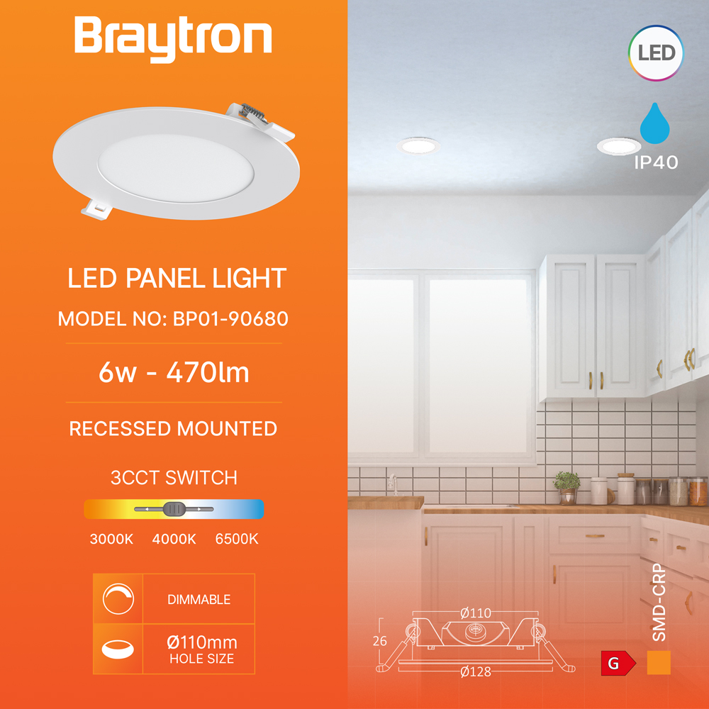 Braytron LED Deckenleuchte 6W 230V Anschluss Warmweiß, Neutralweiß, Kaltweiß 3IN1, 470 Lumen, IP40 Deckenlampe für Wohnzimmer, Küche, Flur (Weiß) – Ansicht 2