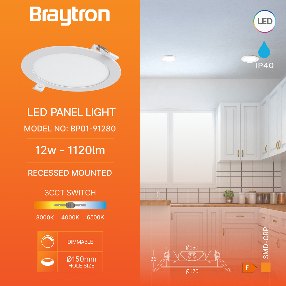 Braytron Ultraslim LED Einbaupanel Spot 12W Ø170mm Rund Dimmbar 3 Lichtfarben CCT 3000K 4000K 6500K 1120lm 230V Deckenleuchte Einbaustrahler Flach 26mm Einbautiefe Weiß Panellampe für Wohnzimmer Büro – Ansicht 2
