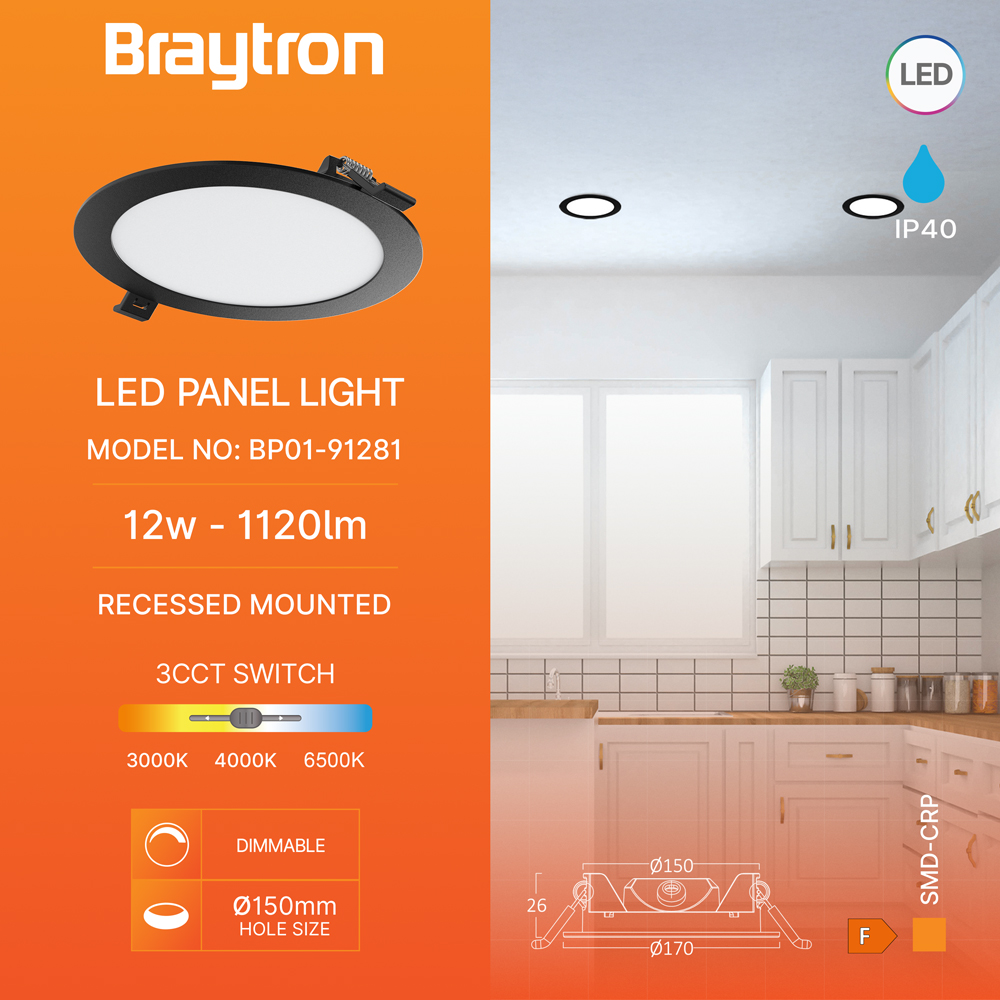 Braytron Ultraslim schwarz LED Einbaupanel Spot 12W Ø170mm Rund Dimmbar 3 Lichtfarben 3000K 4000K 6500K 1120lm 230V Deckenleuchte Einbaustrahler Flach 26mm Einbautiefe Panellampe für Wohnzimmer Büro – Ansicht 2