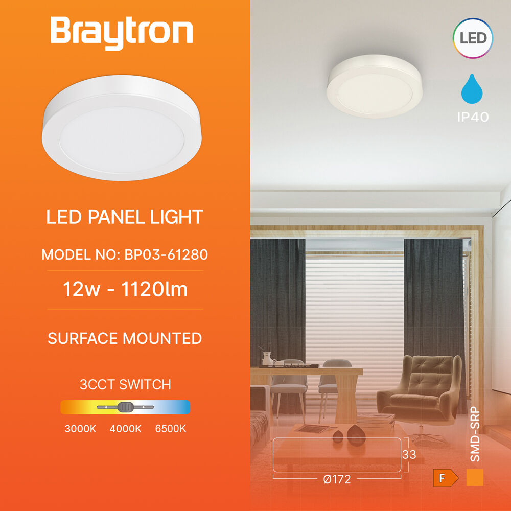 Braytron LED Deckenleuchte 12W 230V Anschluss Warmweiß, Neutralweiß, Kaltweiß 3IN1, 1120 Lumen, IP40 Deckenlampe für Wohnzimmer, Küche, Flur (Weiß) – Ansicht 2