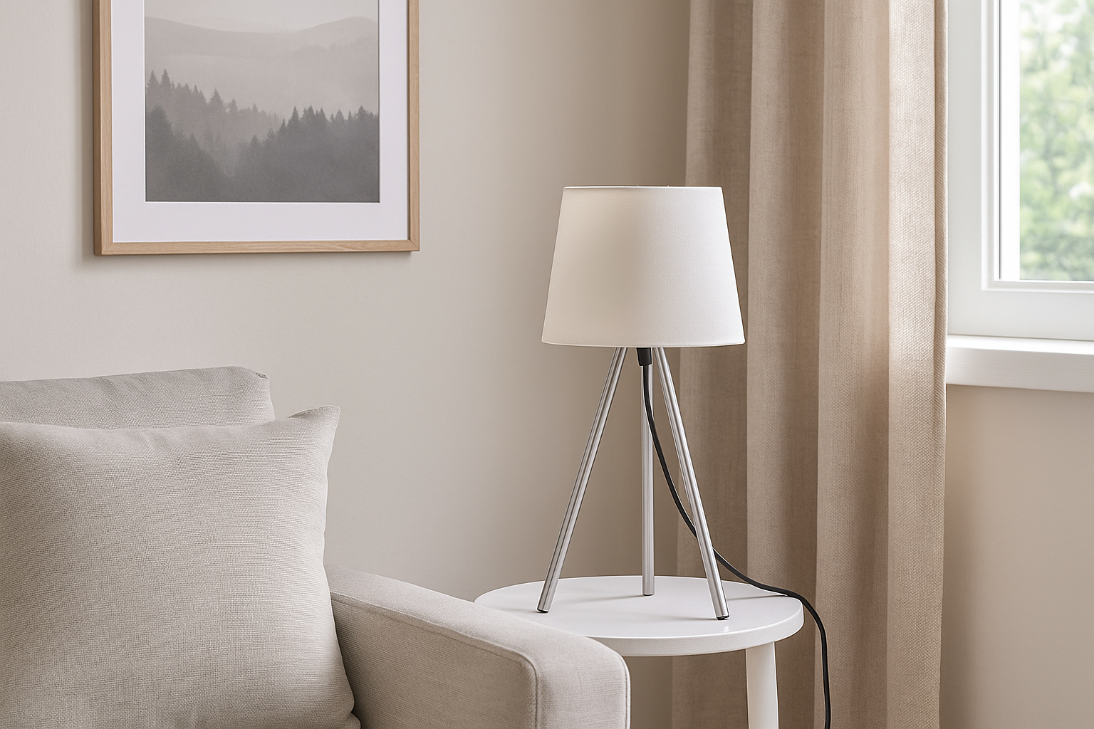 Braytron Beistellleuchte 48 cm – 3-Bein Designleuchte mit satiniertem, lichtstreuendem Kunststoffschirm & Chrombeinen, E27 Fassung, Ein/Aus-Schalter am Kabel, für Wohnzimmer & Schlafzimmer (Weiß) – Ansicht 2