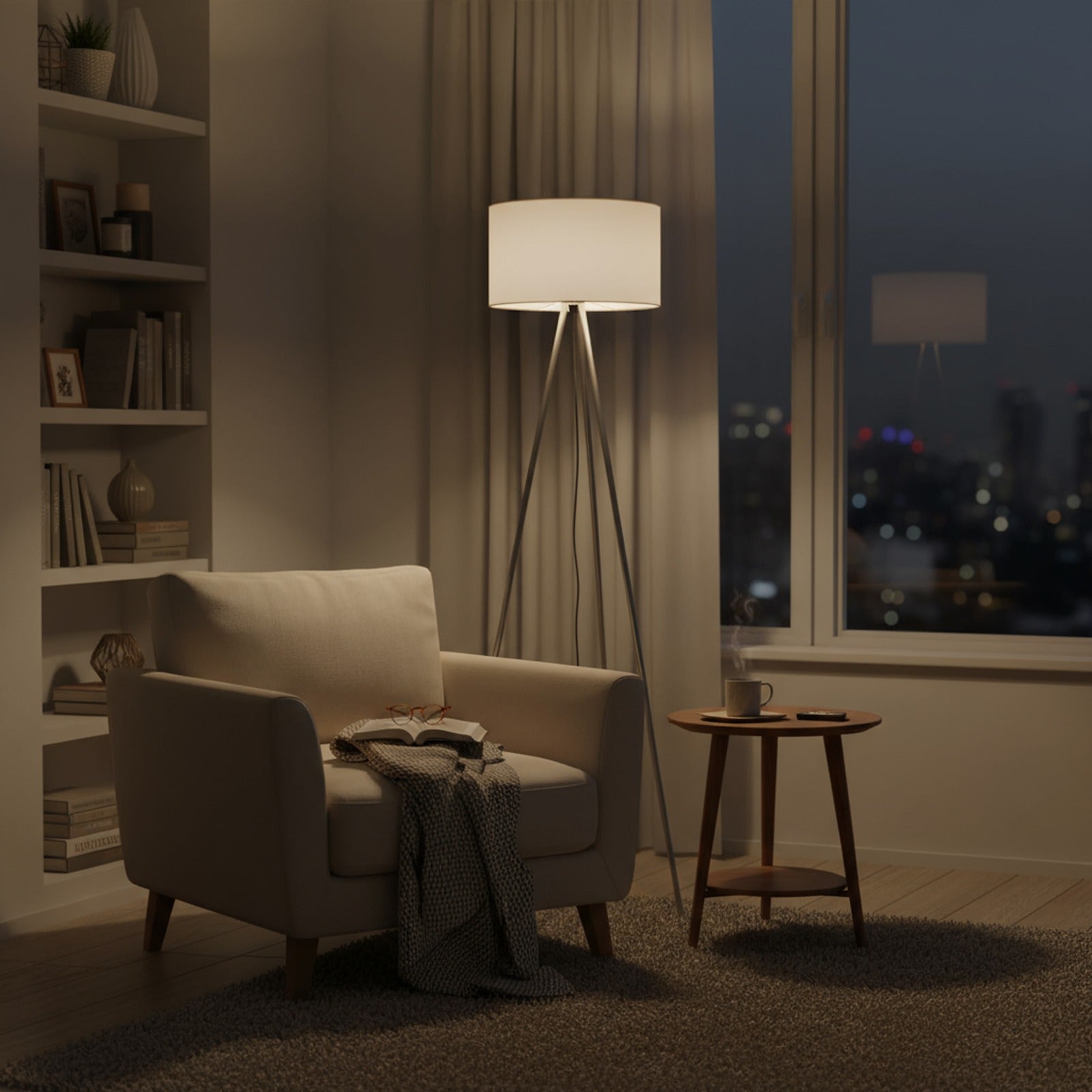 Braytron Stehleuchte – 3-Bein Standleuchte mit Satiniertem, Lichtstreuendem Kunststoffschirm & Chrombeinen, E27 Fassung, Ein/Aus-Schalter am Kabel, 155 cm Hoch für Wohnzimmer & Schlafzimmer, Weiß – Ansicht 2