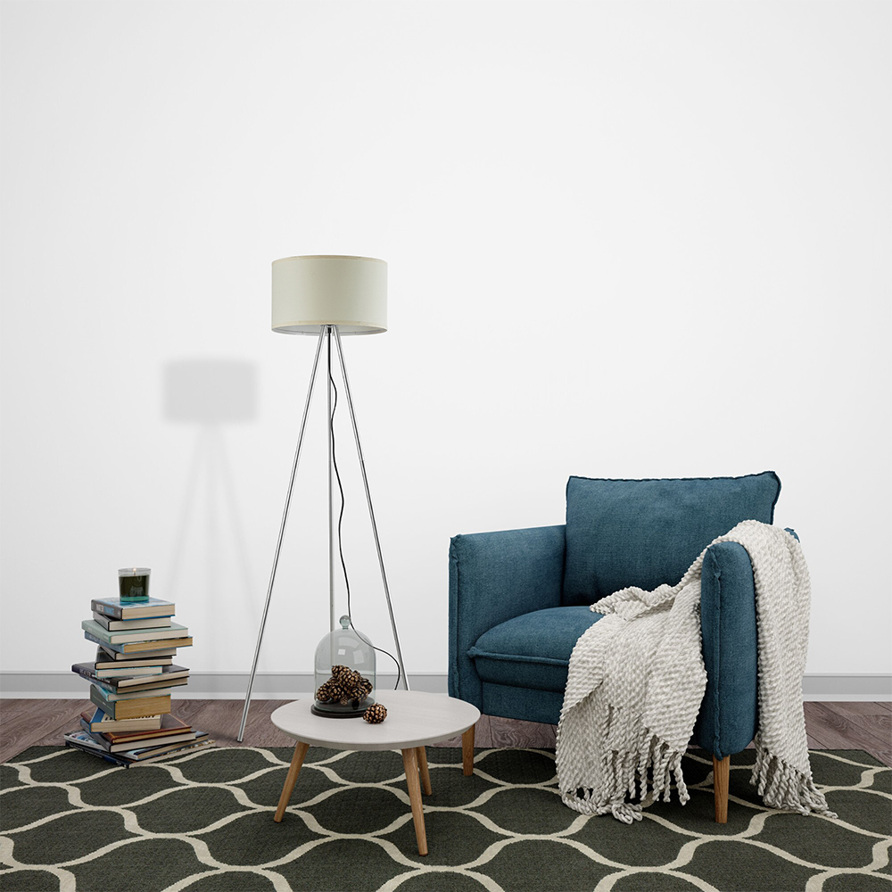 Braytron Stehleuchte – 3-Bein Standleuchte mit Satiniertem, Lichtstreuendem Kunststoffschirm & Chrombeinen, E27 Fassung, Ein/Aus-Schalter am Kabel, 155 cm Hoch für Wohnzimmer & Schlafzimmer, Beige – Ansicht 2