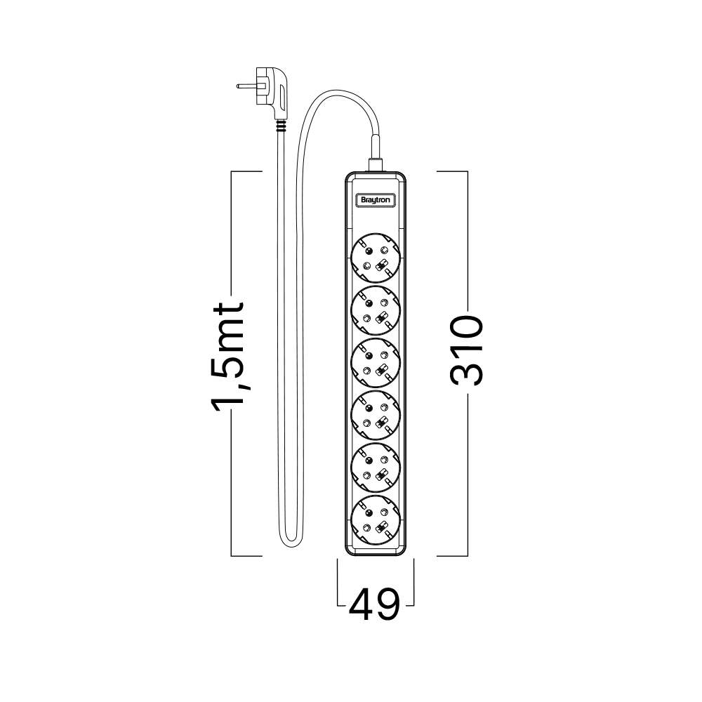 Braytron Mehrfachsteckdose 6-Fach mit 1,5 m Kabel, ohne Schalter, 3680W, Kindersicherung, Steckdosenleiste mit Clip-System – Ansicht 5